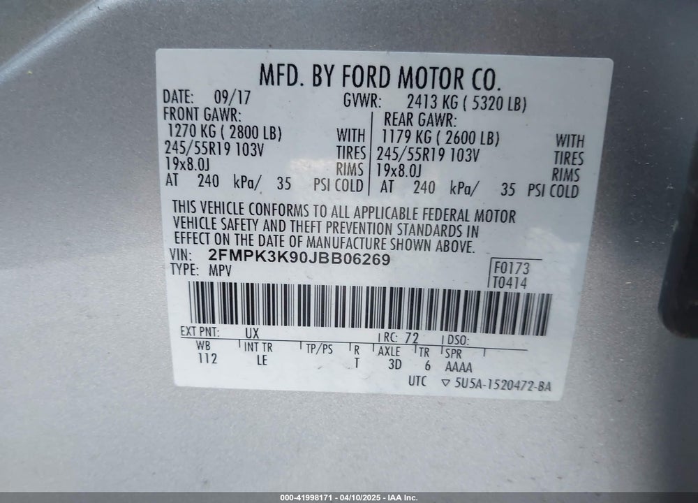 2018 FORD EDGE VIN: 2FMPK3K90JBB06269