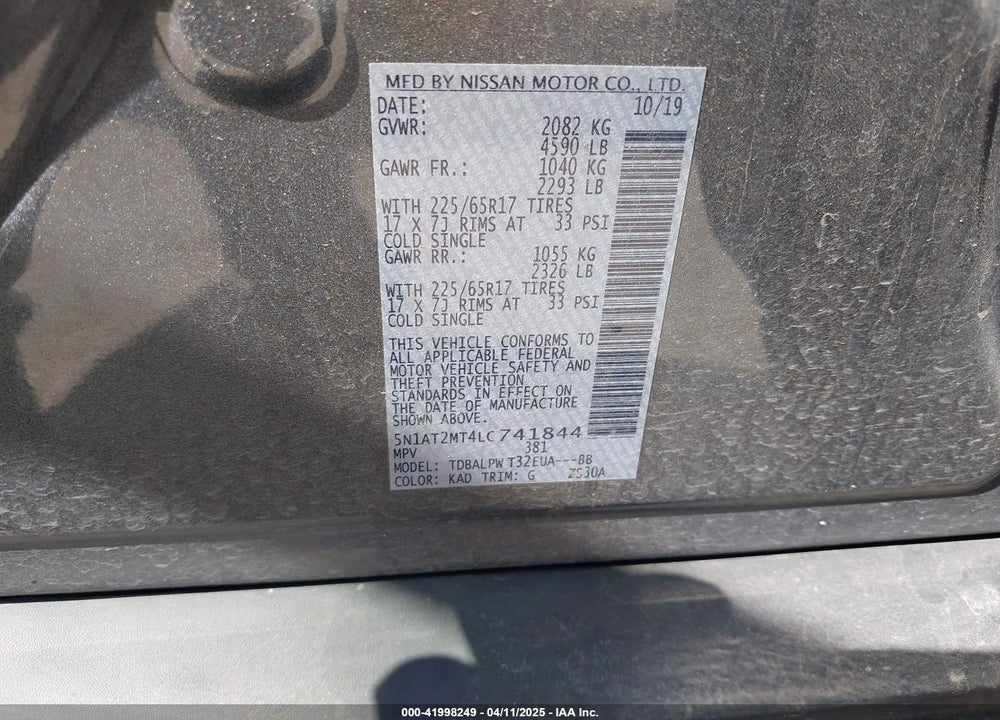 2020 NISSAN ROGUE S FWD VIN: 5N1AT2MT4LC741844