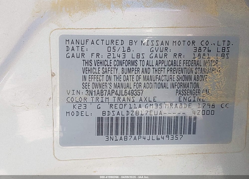 2018 NISSAN SENTRA VIN: 3N1AB7AP4JL649357