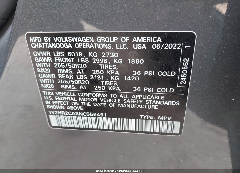 2022 VOLKSWAGEN ATLAS VIN: 1V2HR2CAXNC556491