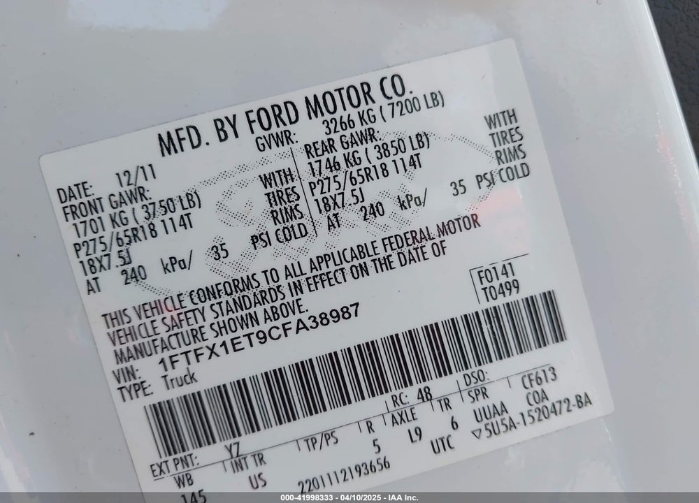 2012 FORD F-150 VIN: 1FTFX1ET9CFA38987
