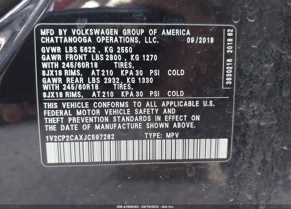 2018 VOLKSWAGEN ATLAS VIN: 1V2CP2CAXJC597262