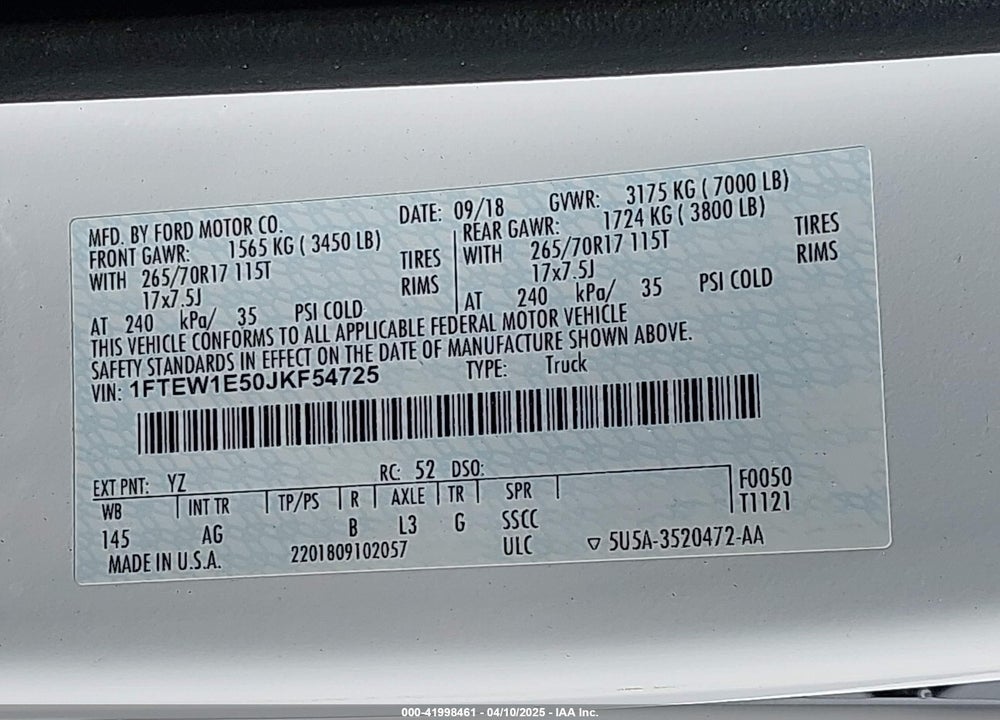 2018 FORD F-150 VIN: 1FTEW1E50JKF54725
