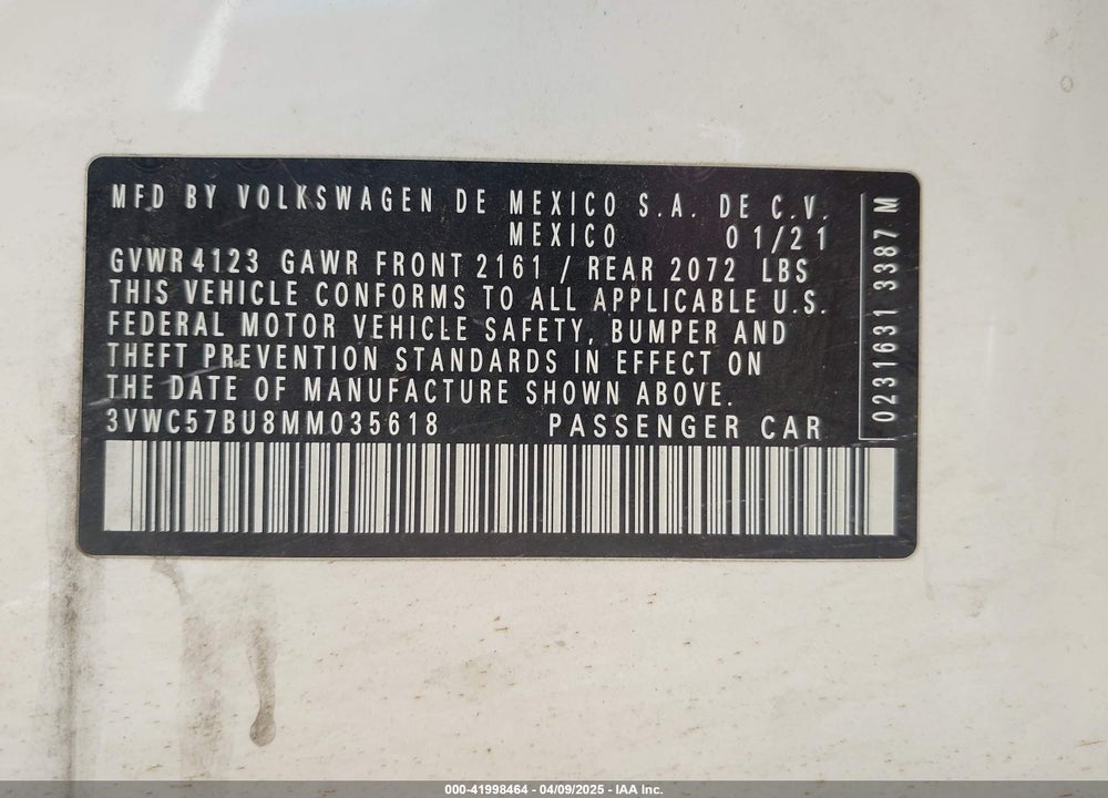 2021 VOLKSWAGEN JETTA VIN: 3VWC57BU8MM035618