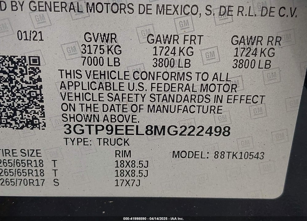 2021 GMC SIERRA 1500 VIN: 3GTP9EEL8MG222498