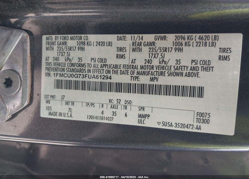 2015 FORD ESCAPE VIN: 1FMCU0G73FUA61294