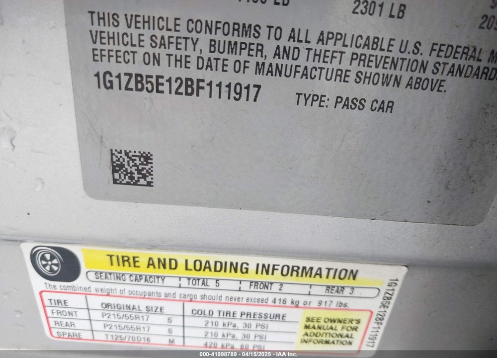 2011 CHEVROLET MALIBU LS VIN: 1G1ZB5E12BF111917