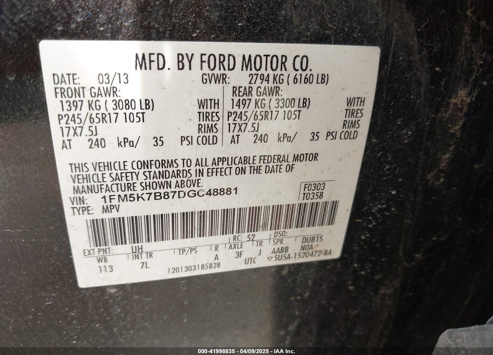 2013 FORD EXPLORER VIN: 1FM5K7B87DGC48881