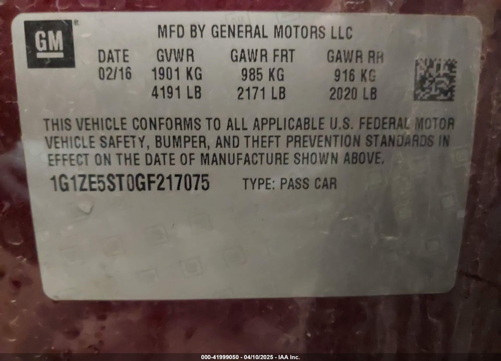 2016 CHEVROLET MALIBU VIN: 1G1ZE5ST0GF217075