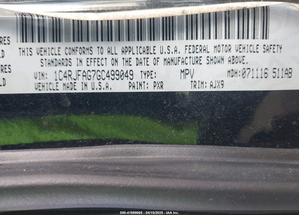 2016 JEEP GRAND CHEROKEE VIN: 1C4RJFAG7GC499049