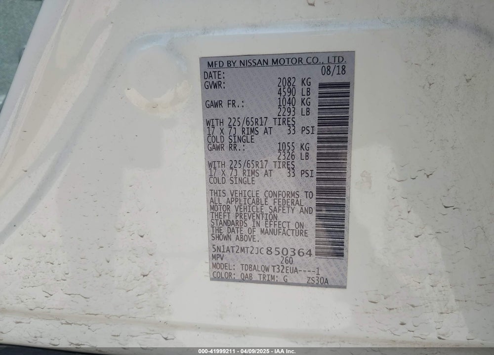 2018 NISSAN ROGUE SV VIN: 5N1AT2MT2JC850364