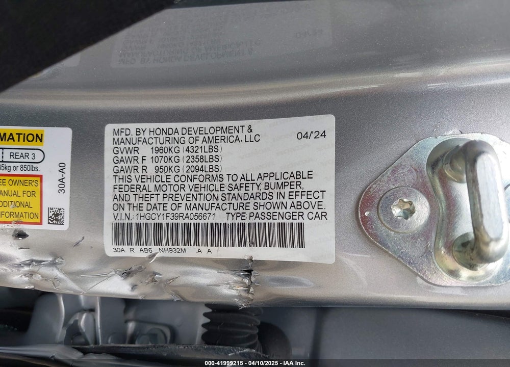 2024 HONDA ACCORD VIN: 1HGCY1F39RA056671