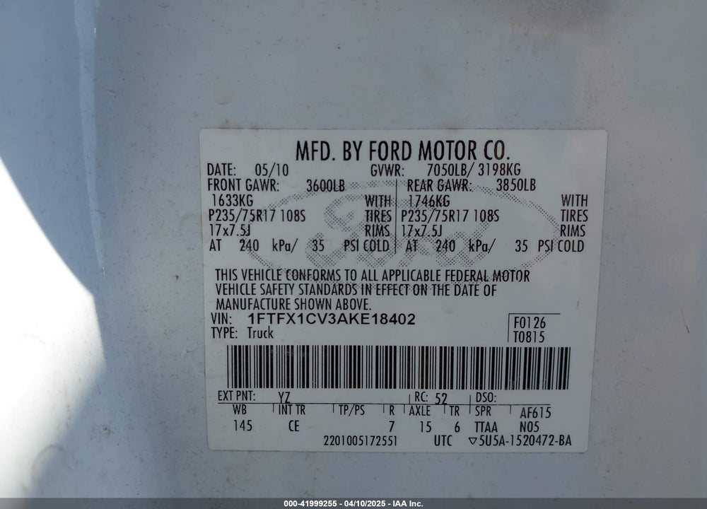 2010 FORD F-150 VIN: 1FTFX1CV3AKE18402