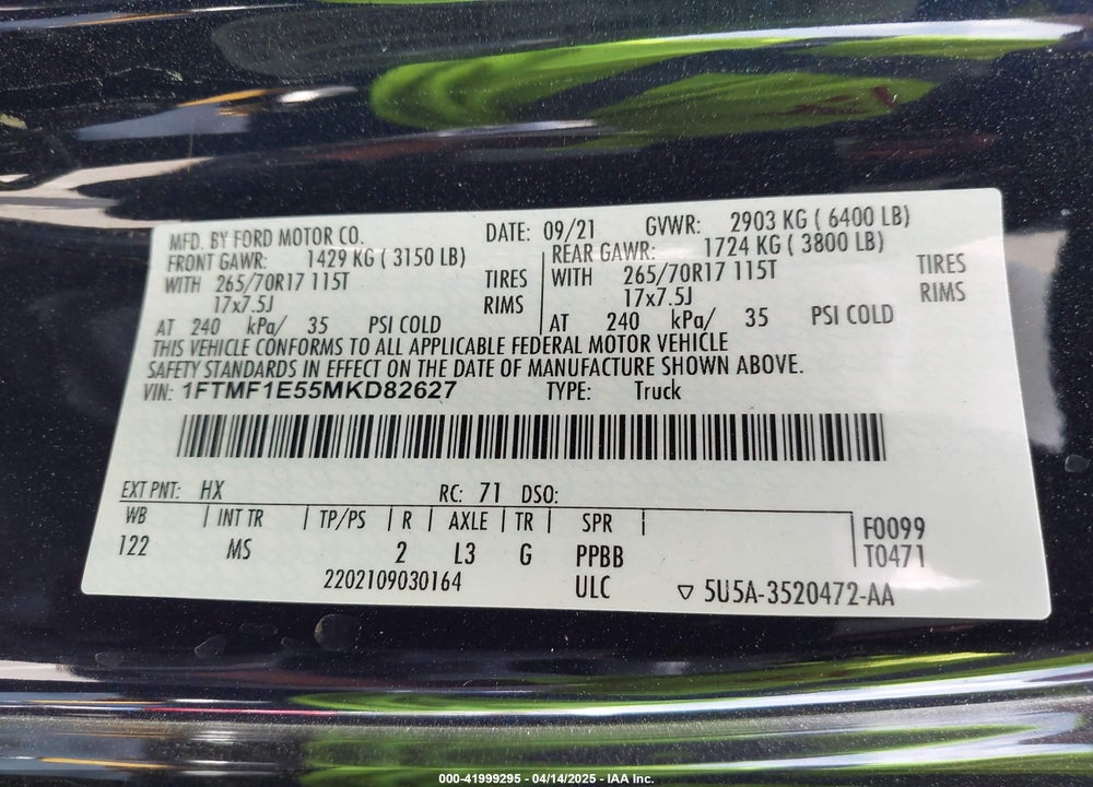2021 FORD F-150 VIN: 1FTMF1E55MKD82627