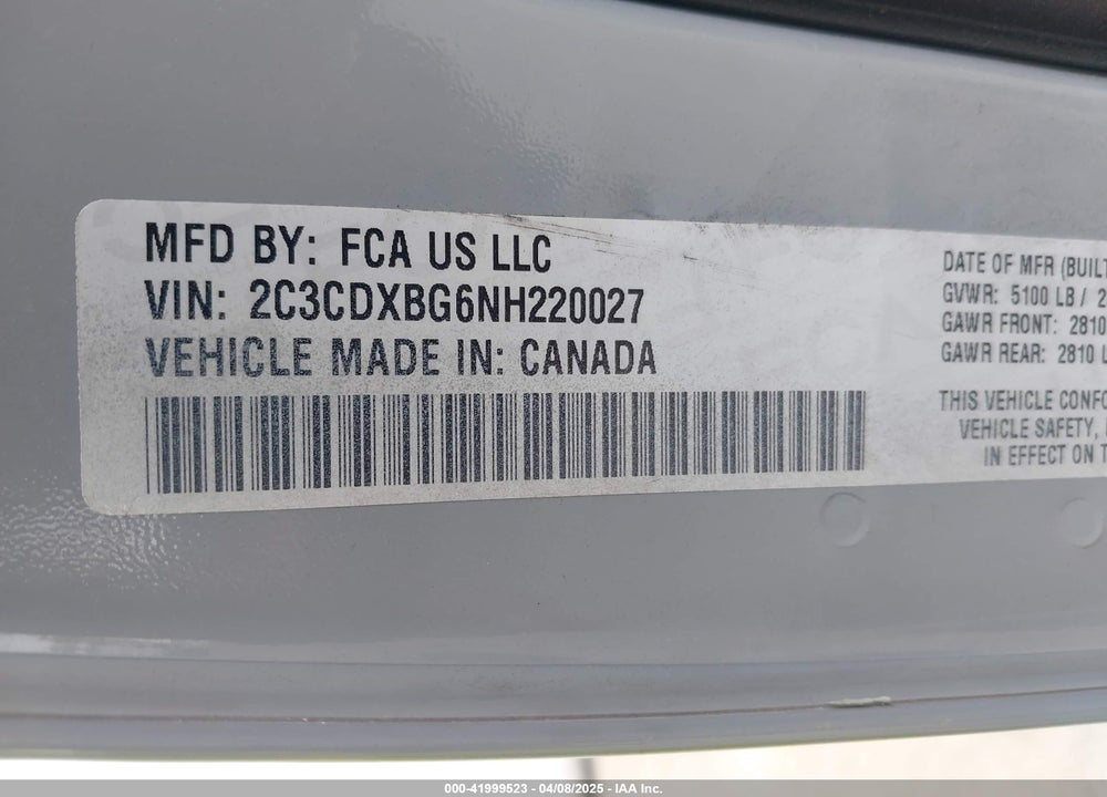 2022 DODGE CHARGER VIN: 2C3CDXBG6NH220027