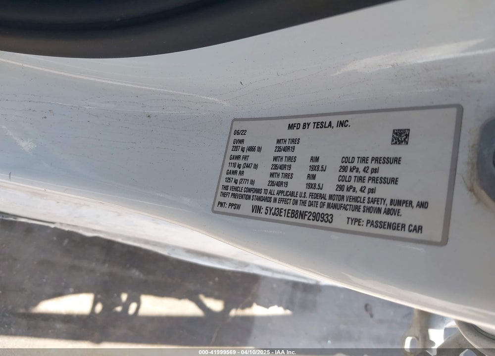 2022 TESLA MODEL 3 LONG RANGE DUAL MOTOR ALL-WHEEL DRIVE VIN: 5YJ3E1EB8NF290933