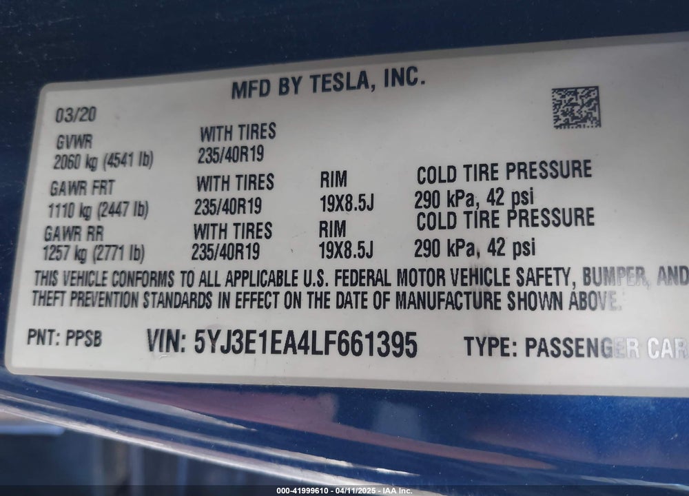 2020 TESLA MODEL 3 VIN: 5YJ3E1EA4LF661395