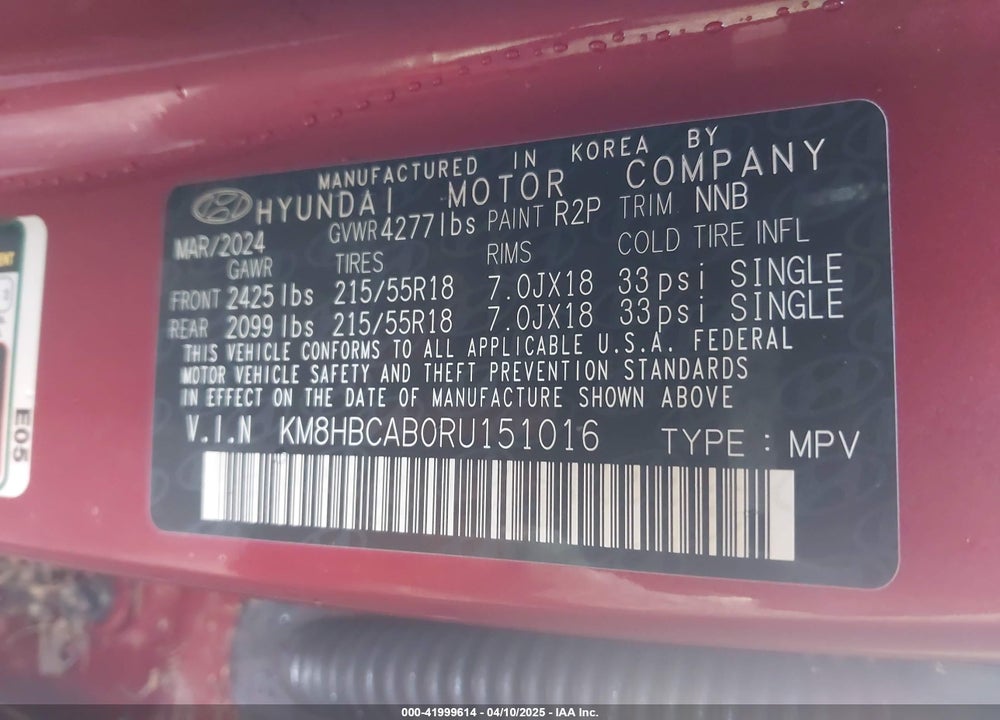 2024 HYUNDAI KONA SEL VIN: KM8HBCAB0RU151016