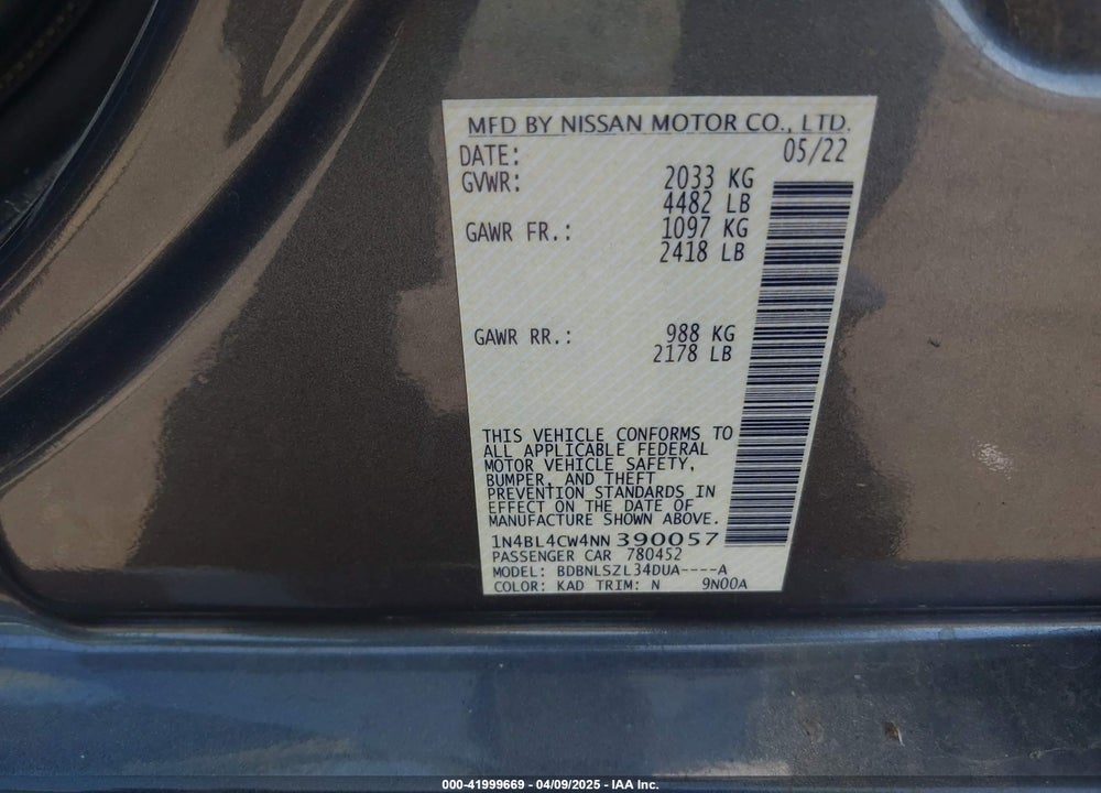 2022 NISSAN ALTIMA SR INTELLIGENT AWD VIN: 1N4BL4CW4NN390057