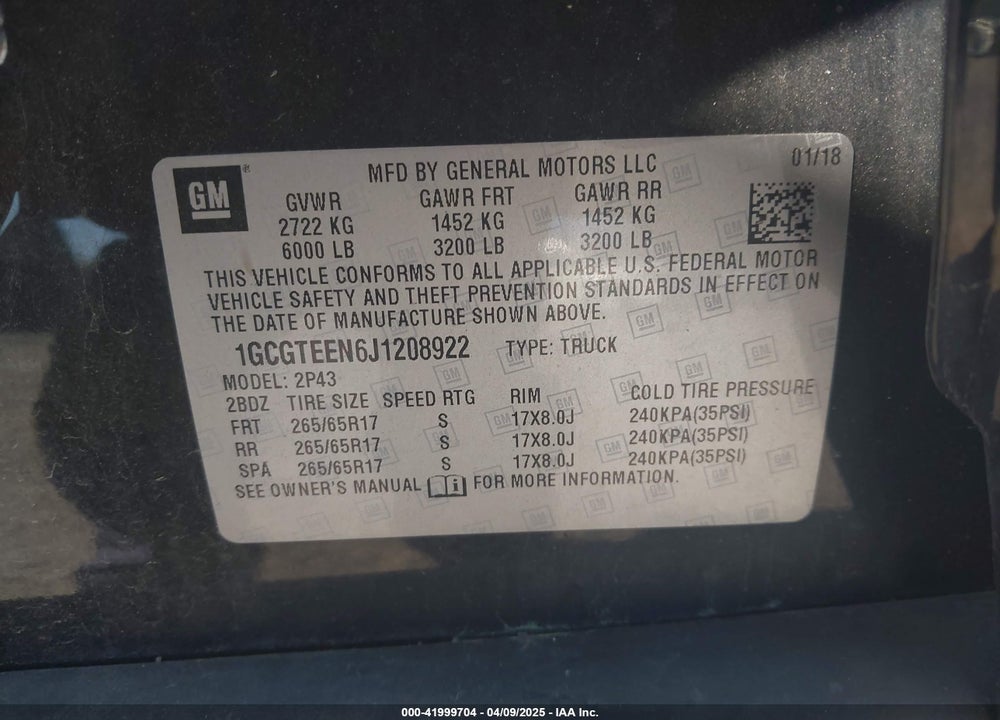 2018 CHEVROLET COLORADO VIN: 1GCGTEEN6J1208922