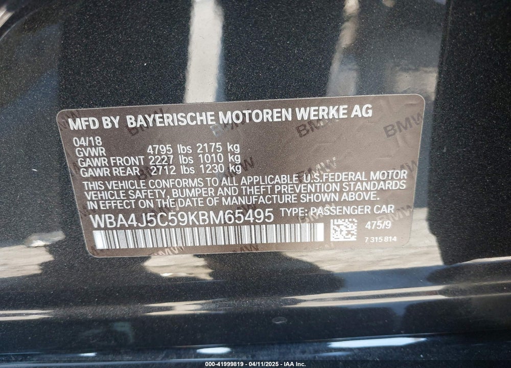 2019 BMW 4 SERIES VIN: WBA4J5C59KBM65495