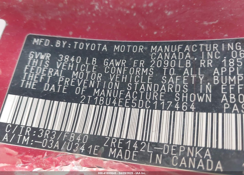 2013 TOYOTA COROLLA VIN: 2T1BU4EE5DC117464
