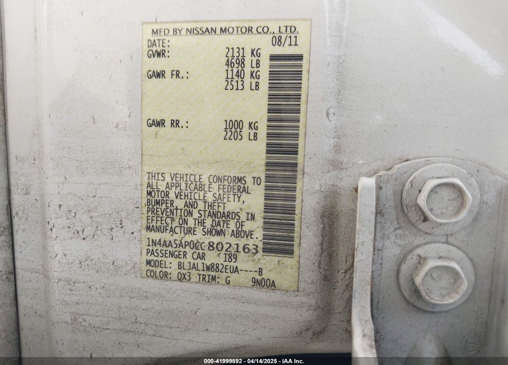 2012 NISSAN MAXIMA 3.5 SV VIN: 1N4AA5AP0CC802163