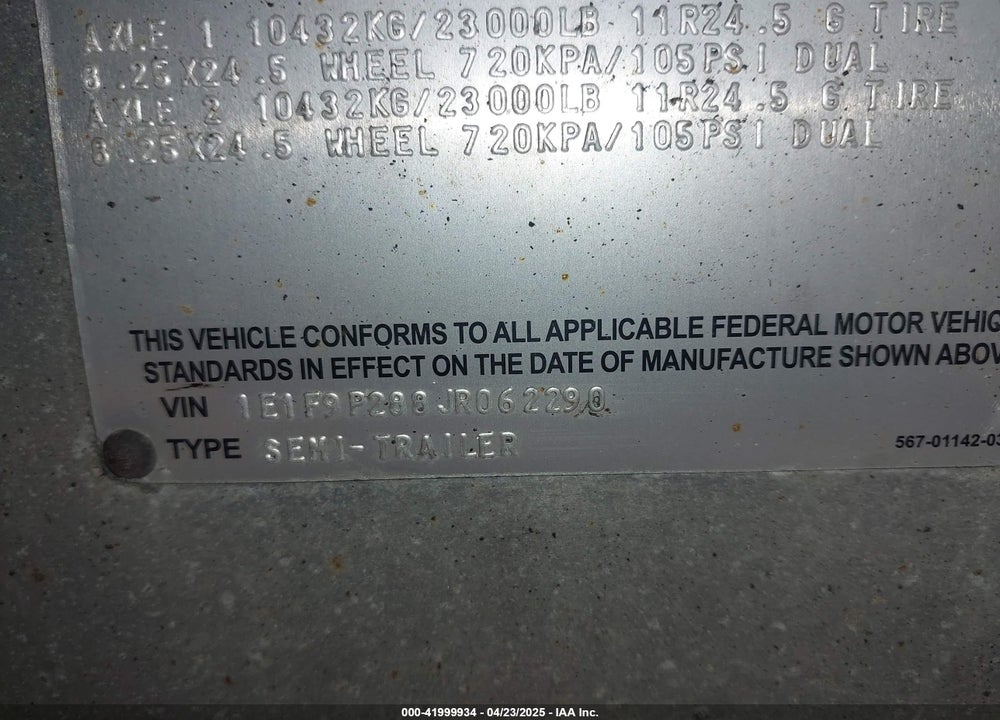 2018 EAST MANUFACTURING DUMP TRAILER VIN: 1E1F9P288JR062290