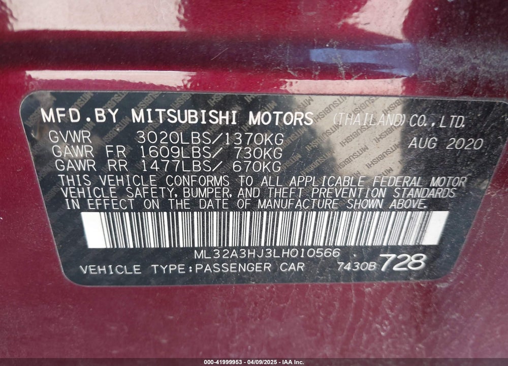 2020 MITSUBISHI MIRAGE VIN: ML32A3HJ3LH010566