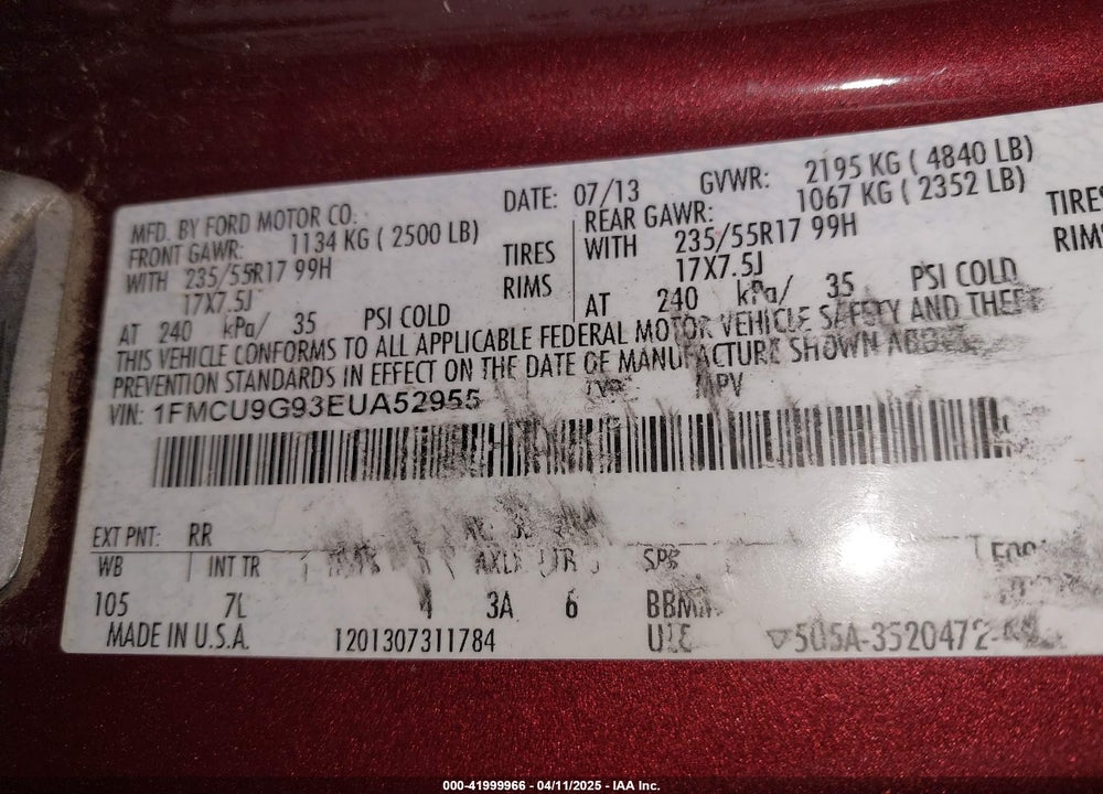 2014 FORD ESCAPE SE VIN: 1FMCU9G93EUA52955