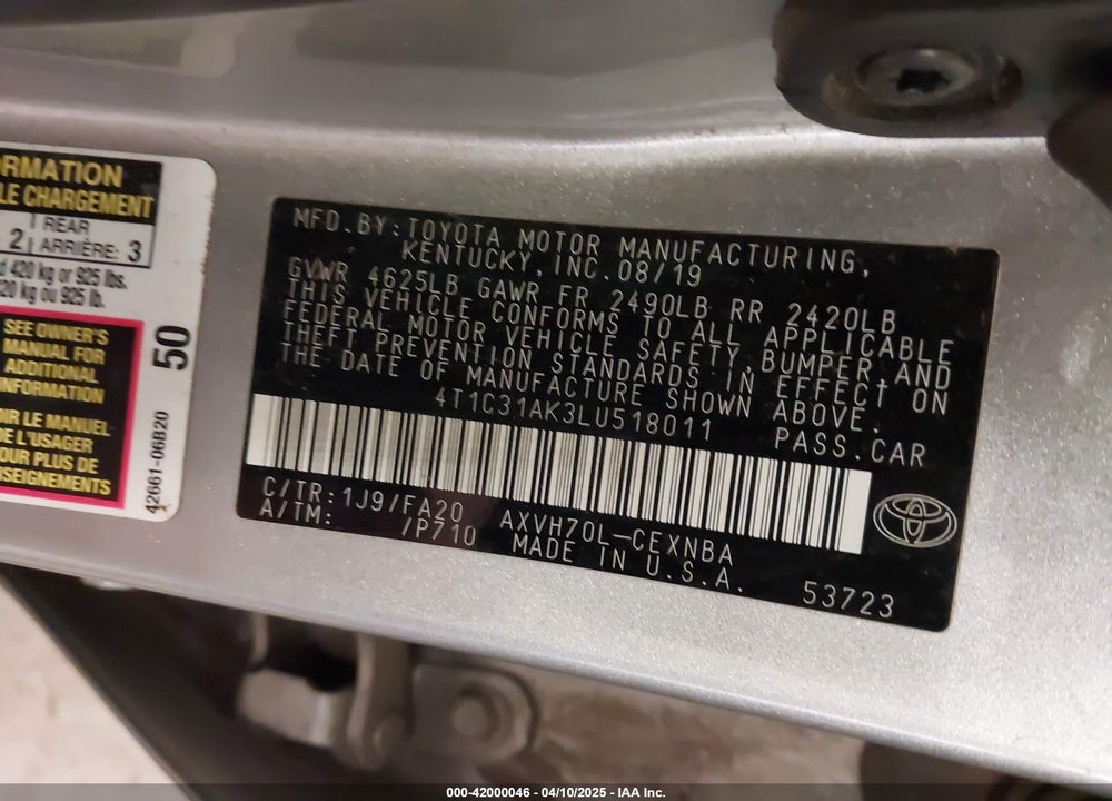 2020 TOYOTA CAMRY VIN: 4T1C31AK3LU518011
