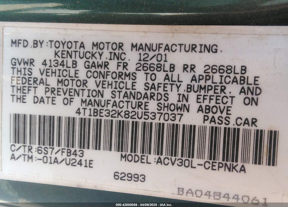 2002 TOYOTA CAMRY LE VIN: 4T1BE32K82U537037