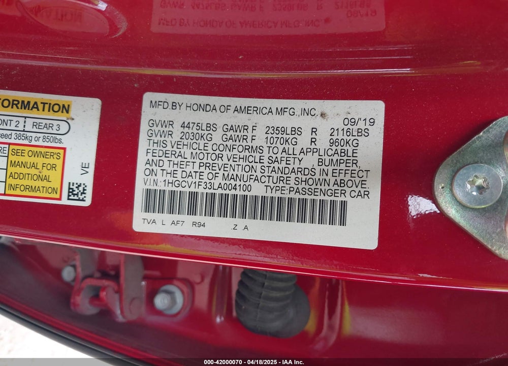2020 HONDA ACCORD VIN: 1HGCV1F33LA004100