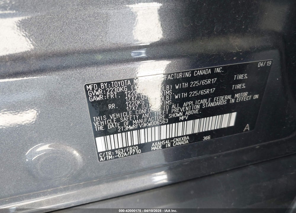 2019 TOYOTA RAV4 HYBRID LE VIN: 2T3MWRFV9KW006563
