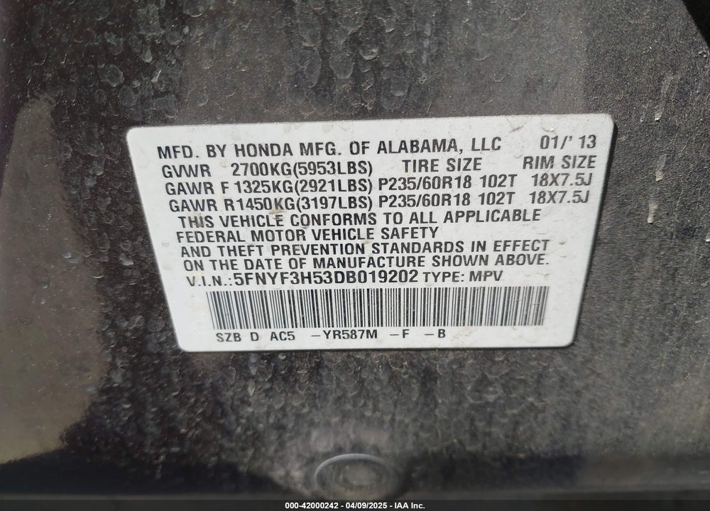 2013 HONDA PILOT EX-L VIN: 5FNYF3H53DB019202