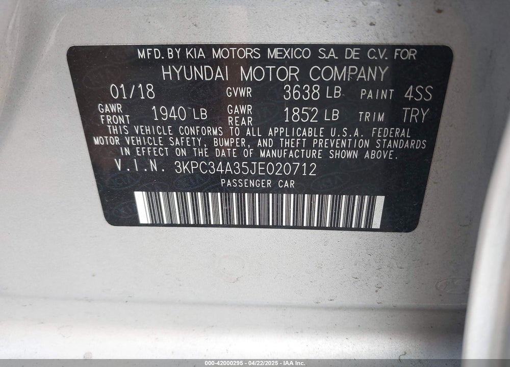 2018 HYUNDAI ACCENT LIMITED VIN: 3KPC34A35JE020712
