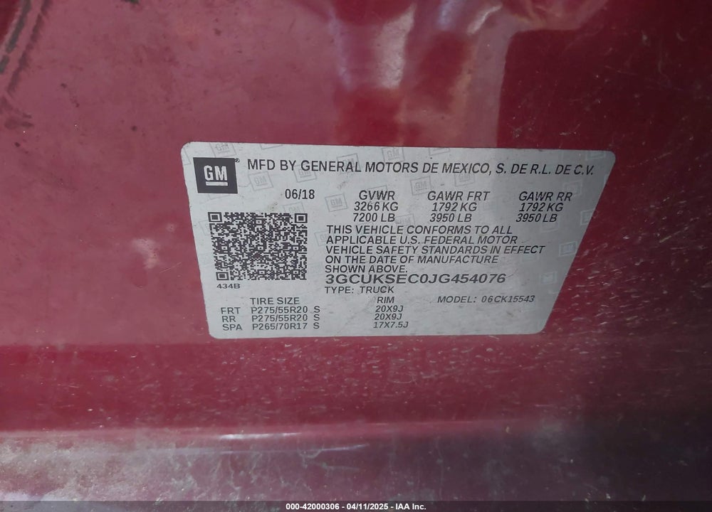 2018 CHEVROLET SILVERADO 1500 1LZ VIN: 3GCUKSEC0JG454076