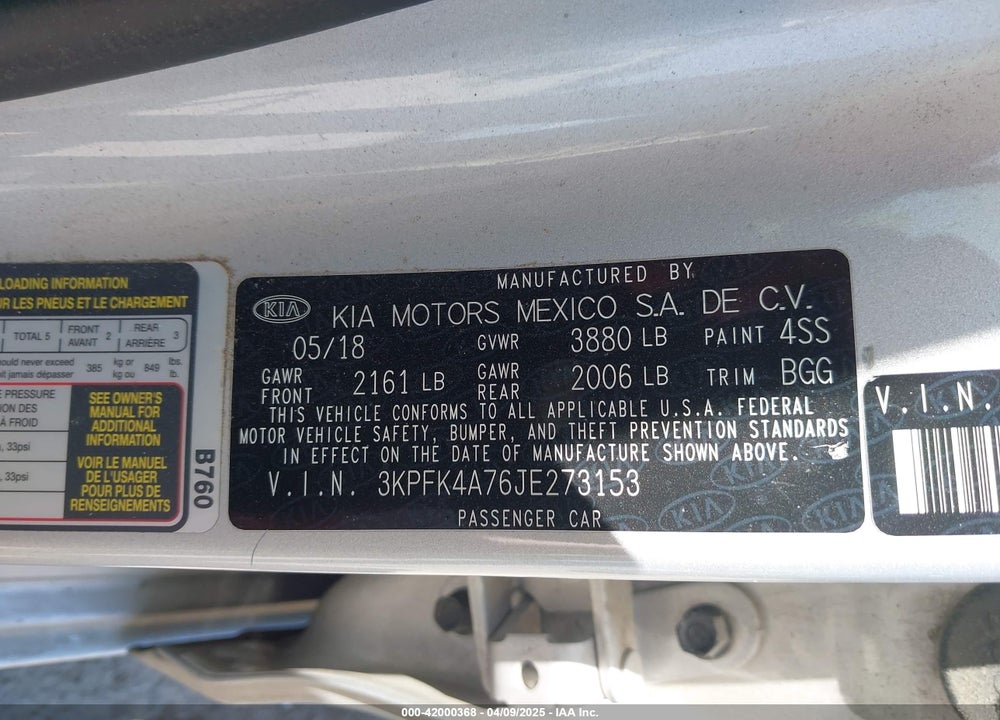 2018 KIA FORTE VIN: 3KPFK4A76JE273153