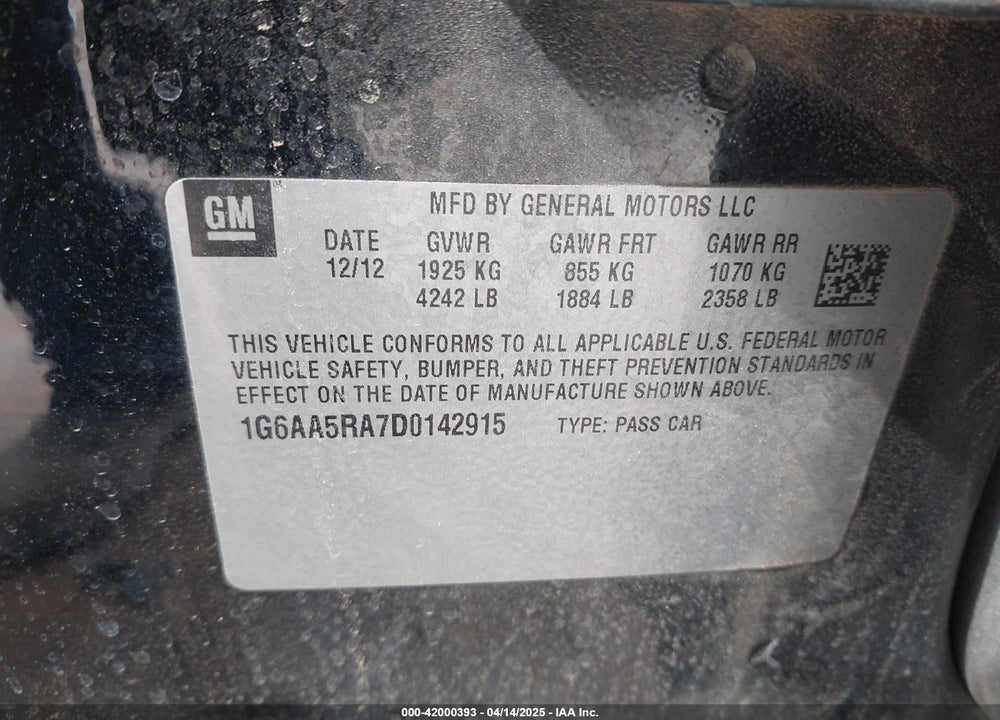 2013 CADILLAC ATS STANDARD VIN: 1G6AA5RA7D0142915