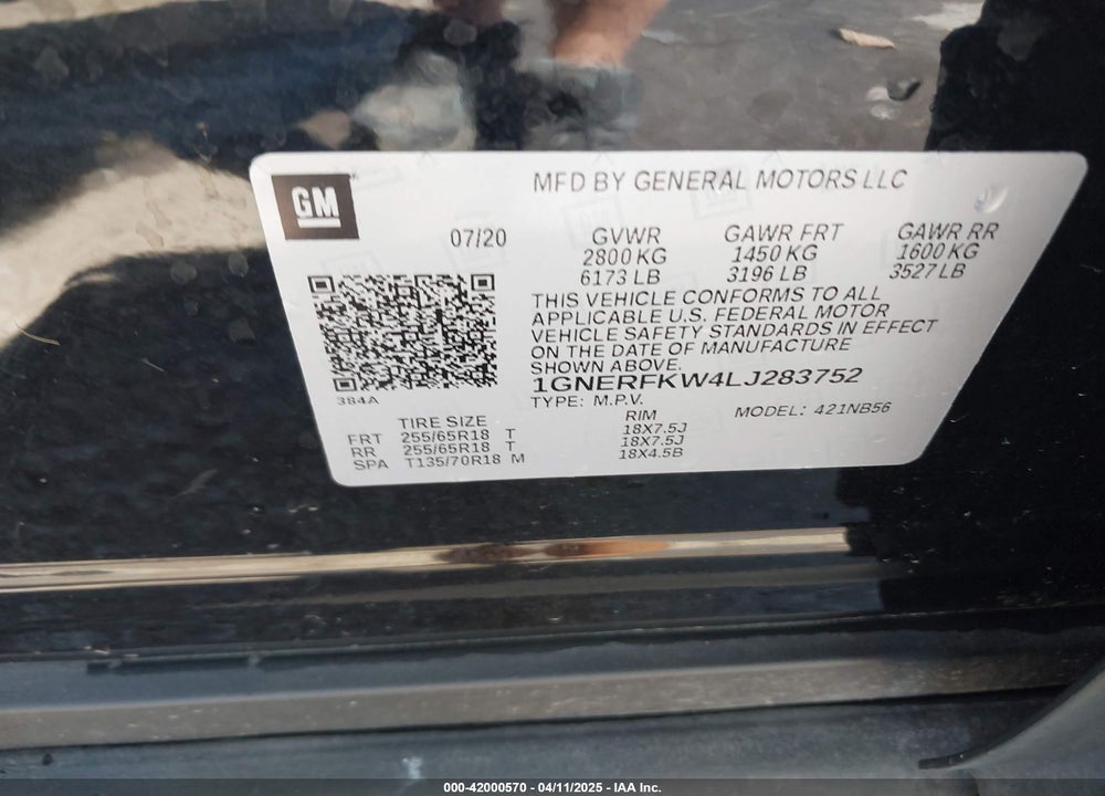 2020 CHEVROLET TRAVERSE VIN: 1GNERFKW4LJ283752
