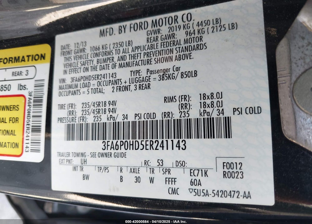 2014 FORD FUSION VIN: 3FA6P0HD5ER241143