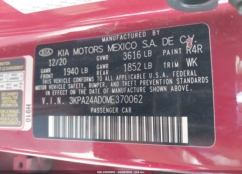 2021 KIA RIO S VIN: 3KPA24AD0ME370062