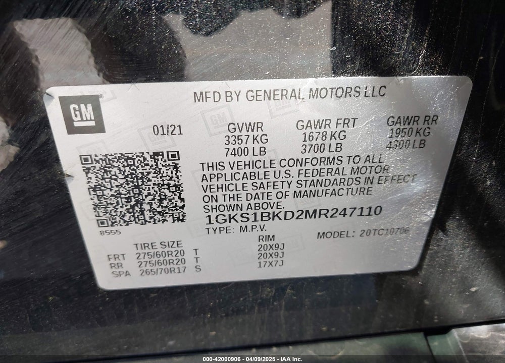 2021 GMC YUKON VIN: 1GKS1BKD2MR247110
