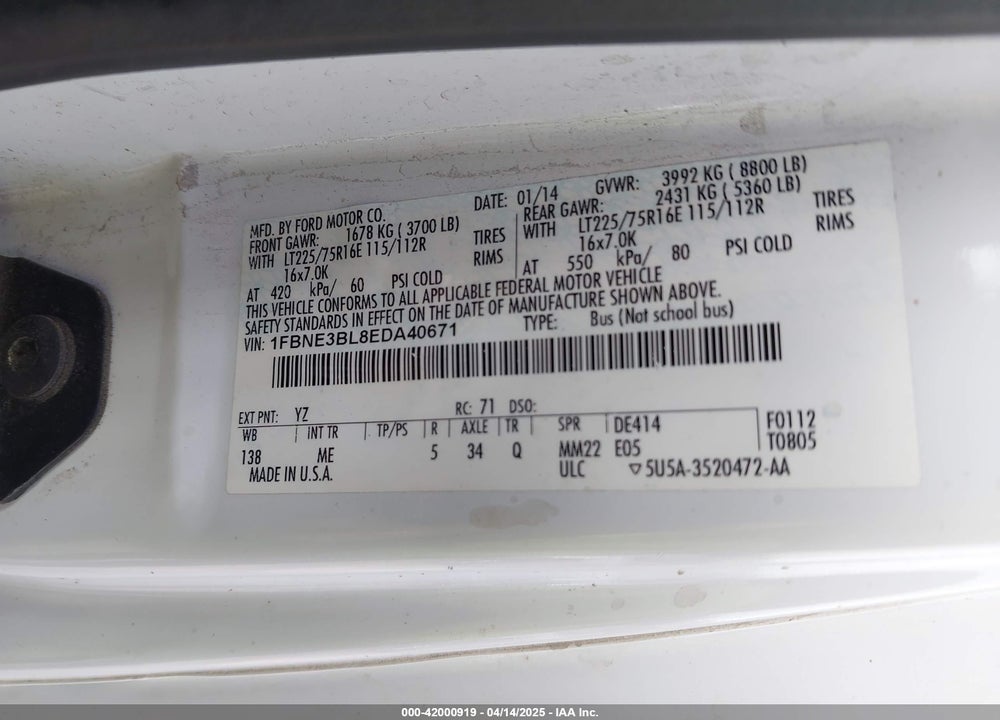 2014 FORD ECONOLINE VIN: 1FBNE3BL8EDA40671