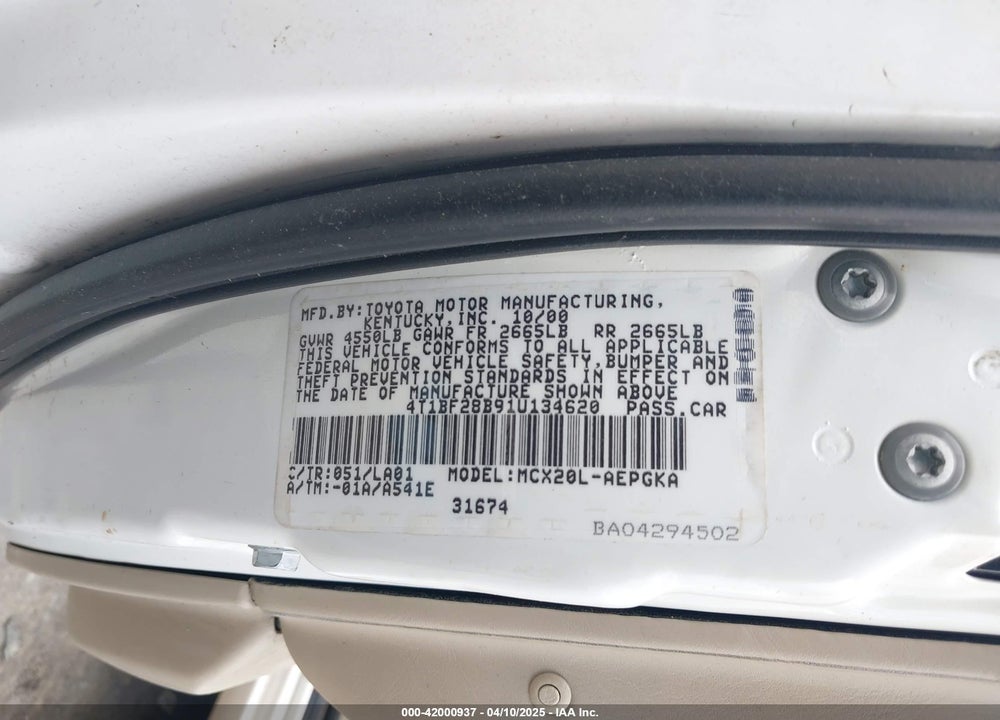 2001 TOYOTA AVALON XLS VIN: 4T1BF28B91U134620