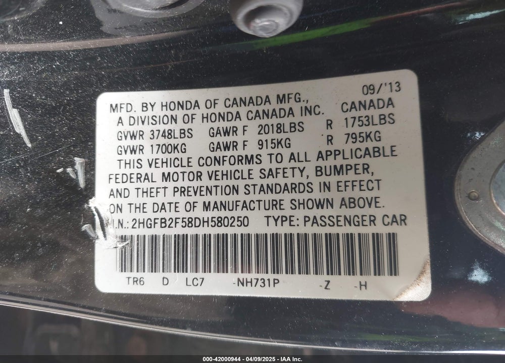 2013 HONDA CIVIC VIN: 2HGFB2F58DH580250