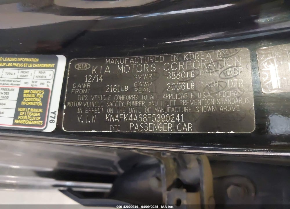 2015 KIA FORTE VIN: KNAFK4A68F5390241