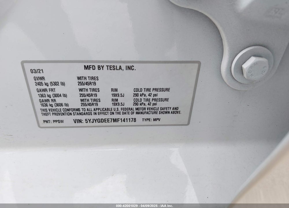 2021 TESLA MODEL Y LONG RANGE DUAL MOTOR ALL-WHEEL DRIVE VIN: 5YJYGDEE7MF141178