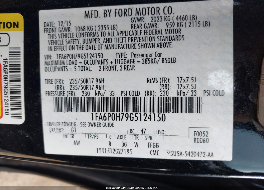 2016 FORD FUSION VIN: 1FA6P0H79G5124150