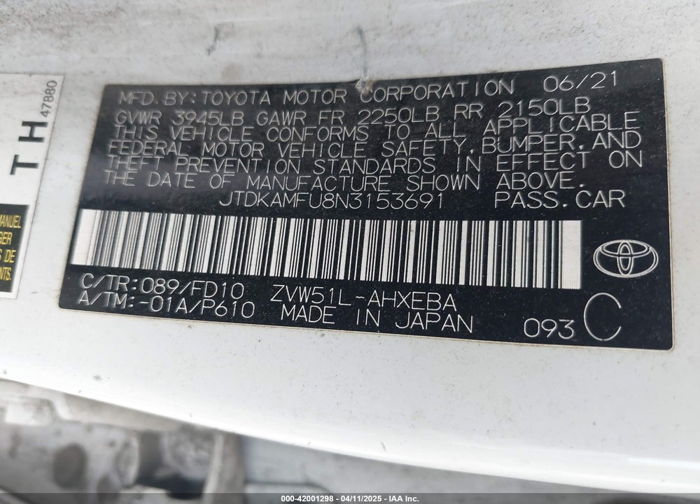 2022 TOYOTA PRIUS LE VIN: JTDKAMFU8N3153691